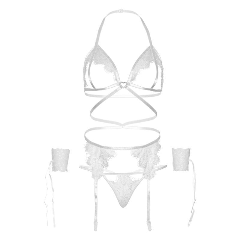 LEG AVENUE - SET QUATTRO PEZZI REGGISENO, PERIZOMA, CINTURA GIARRETTIERA E POLSINI TAGLIA UNICA - BIANCO