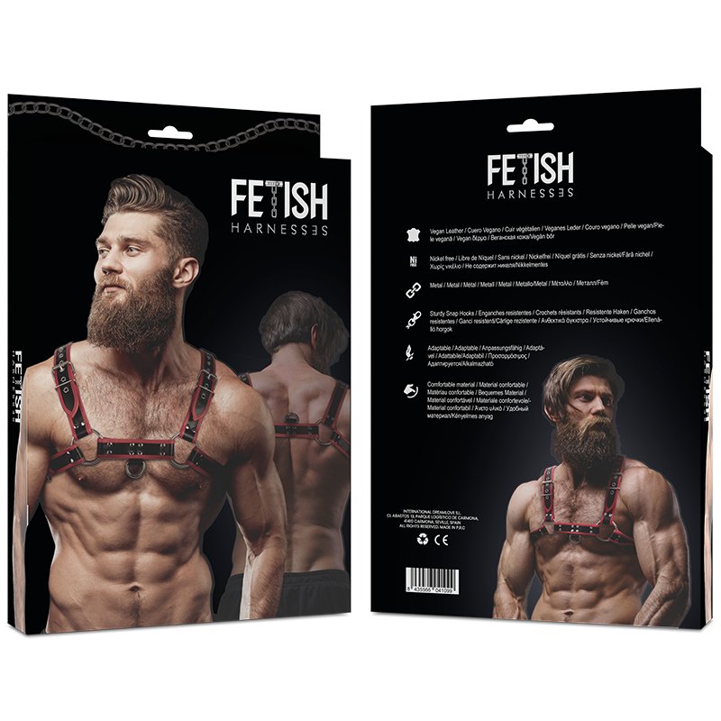 ATTEGGIAMENTO SOTTOMESSA FETISH - IMBRACATURA PETTORALE IN ECOPELLE DA UOMO NERA/ROSSA
