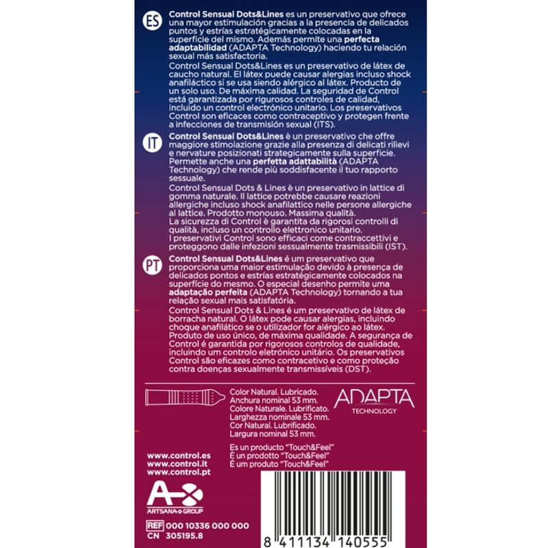 CONTROL Preservativi in ​​lattice testurizzato Dots and Lines 54 mm – 12 unità