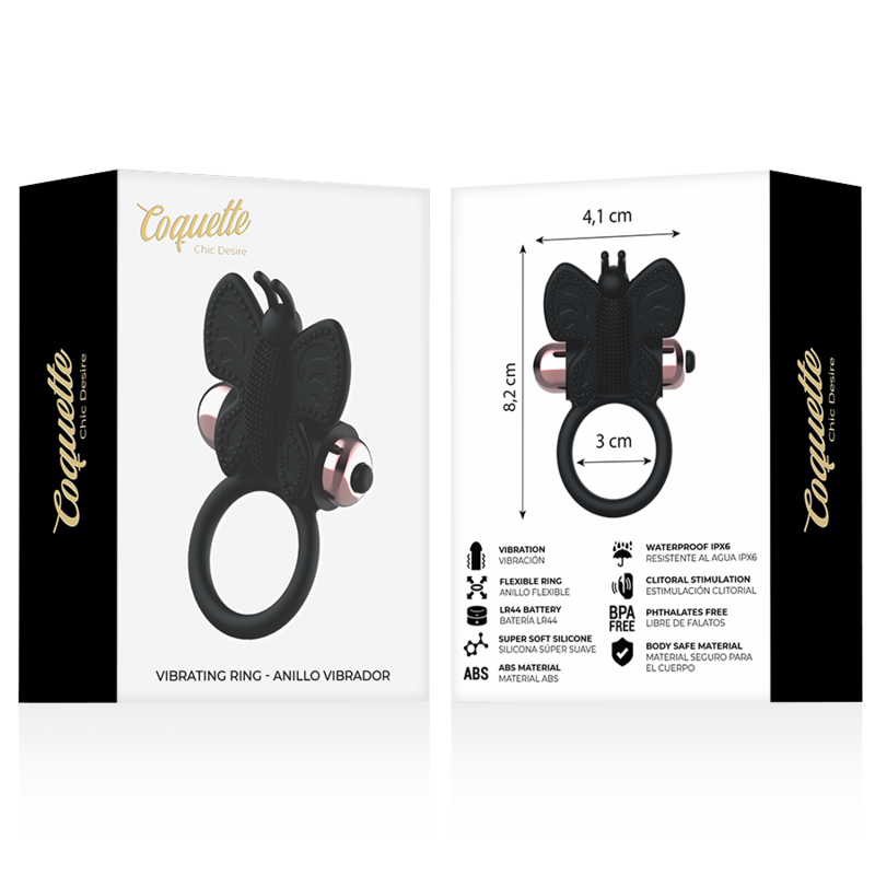 Anello vibrante per il pene a forma di farfalla, nero/oro, 8,2 cm x 4,1 cm COQUETTE CHIC DESIRE