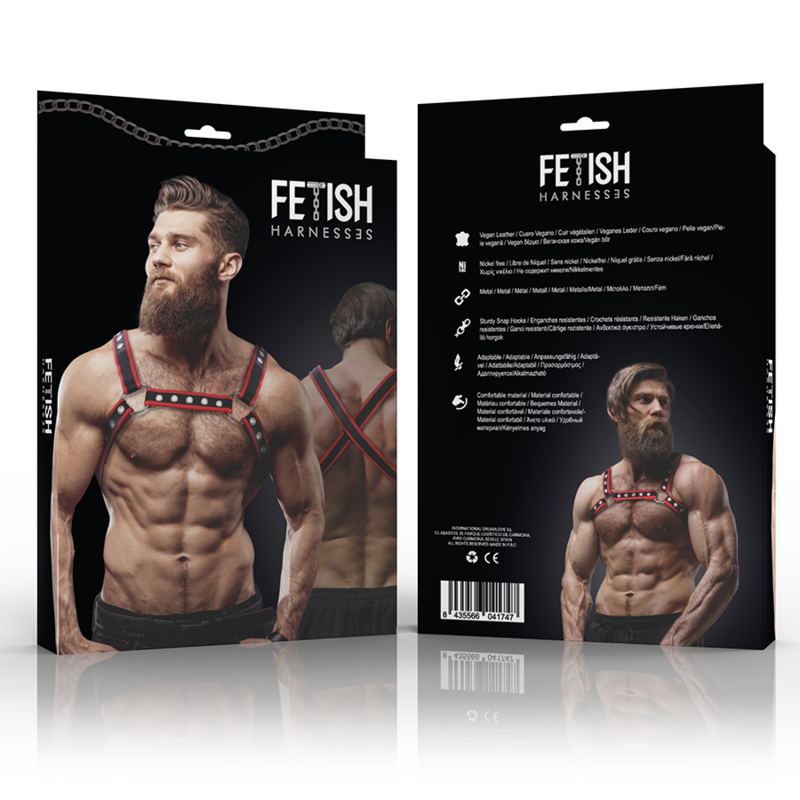ATTEGGIAMENTO SOTTOMESSA FETISH - IMBRACATURA DA UOMO IN ECOPELLE PER BULLDOG, NERA/ROSSA