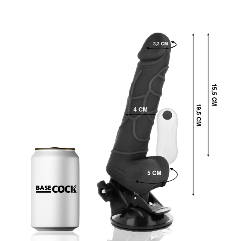 Vibratore realistico con testicoli e telecomando cablato nero | 19,5 cm x 4,0 cm | BASECOCK