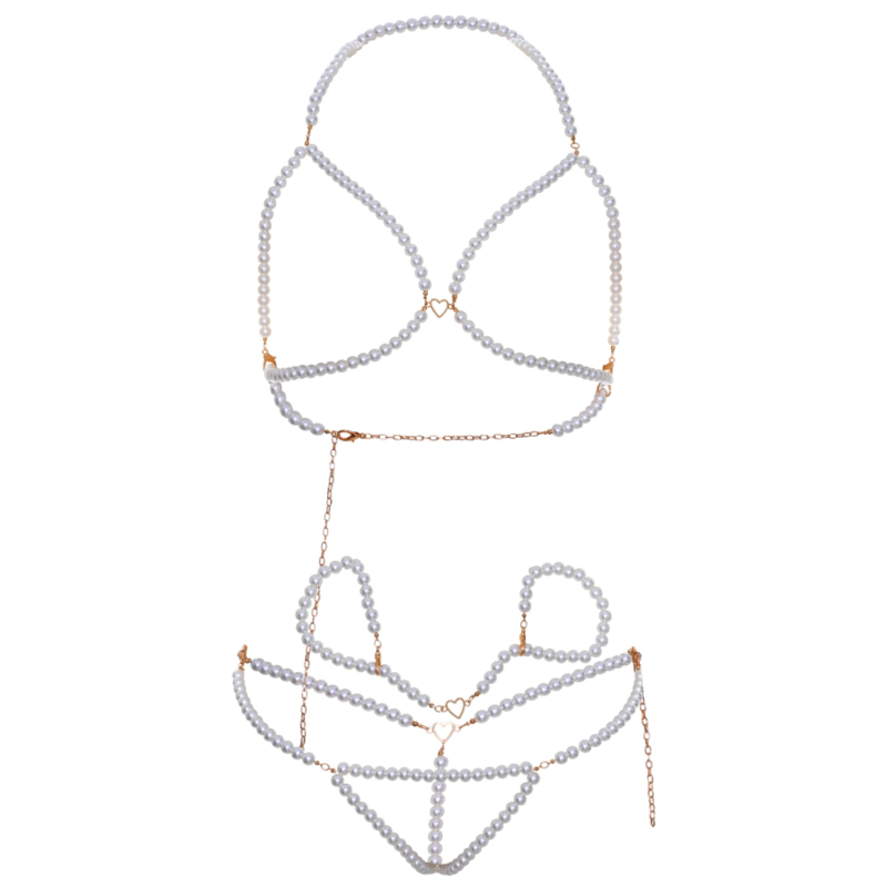 LEG AVENUE - SET REGGISENO, BRACCIALETTI E PERIZOMA CON PERLE