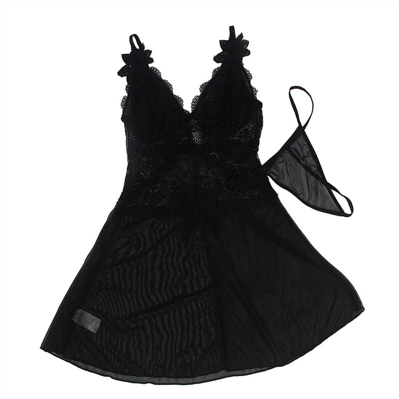 SUBBLIME - BABYDOLL IN TULLE CON PIZZO E DETTAGLIO FIORI NERO L/XL