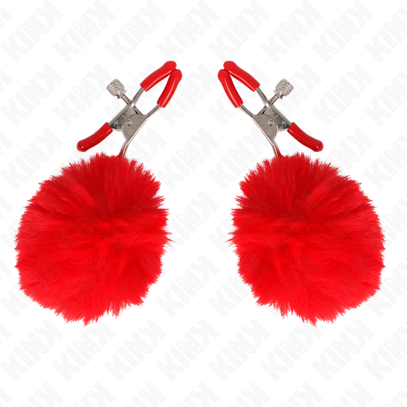 Morsetti per capezzoli con palline di pelliccia sintetica, rossi, 6 cm – KINK