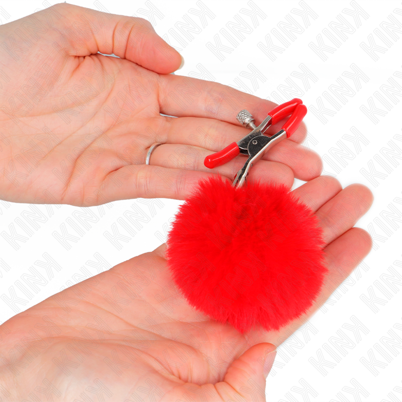 Morsetti per capezzoli con palline di pelliccia sintetica, rossi, 6 cm – KINK