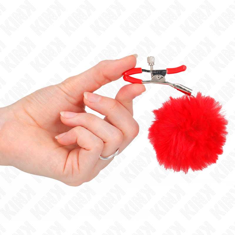 Morsetti per capezzoli con palline di pelliccia sintetica, rossi, 6 cm – KINK