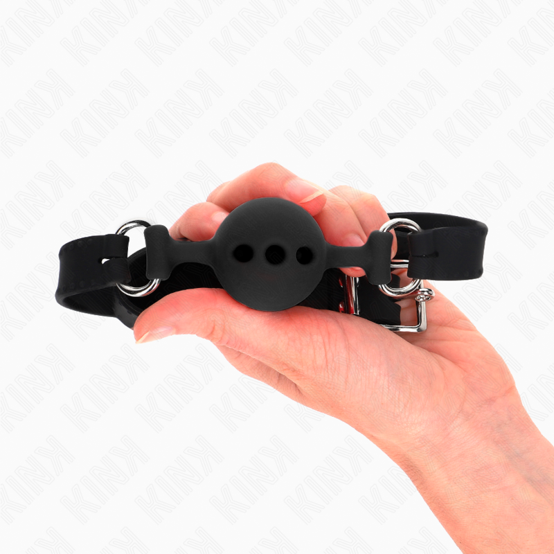 KINK - BAVAGLIO IN SILICONE COMPLETO 55 x 2 CM CON PALLA DA 4 CM TAGLIA S NERO REGOLABILE 35-51 CM