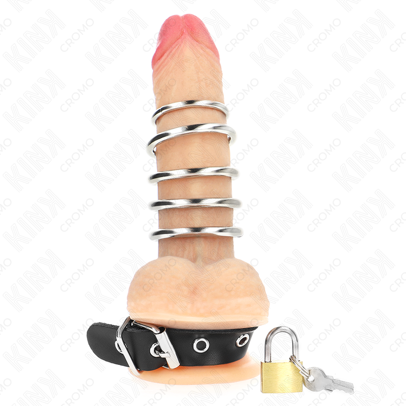 KINK - ANELLO PER PENE IN PELLE CON CINTURINO DI SICUREZZA 21 X 2 CM E 5 ANELLI IN METALLO DA 3 CM A 4 CM