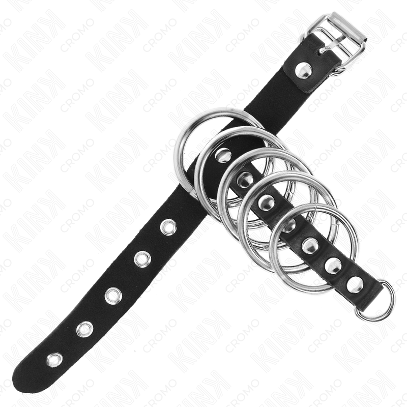 KINK - ANELLO PER PENE IN PELLE CON CINTURINO DI SICUREZZA 21 X 2 CM E 5 ANELLI IN METALLO DA 3 CM A 4 CM
