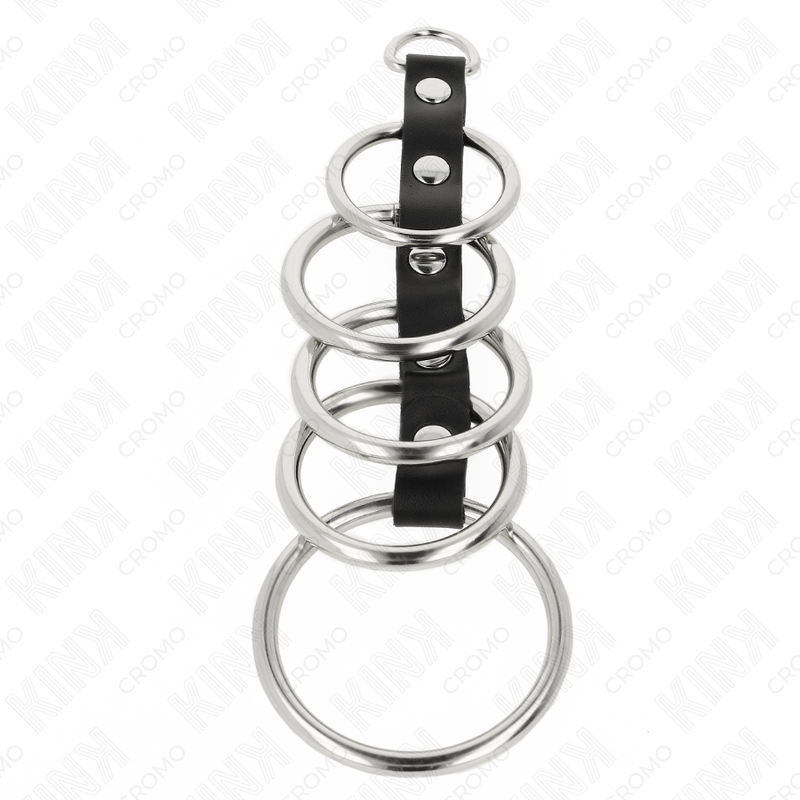 KINK - 5 ANELLI PER PENE IN METALLO DA 3,2 CM A 5 CM COLLEGATI TRAMITE PELLE