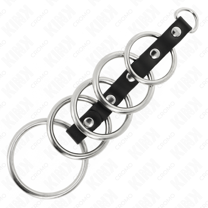 KINK - 5 ANELLI PER PENE IN METALLO DA 3,2 CM A 5 CM COLLEGATI TRAMITE PELLE