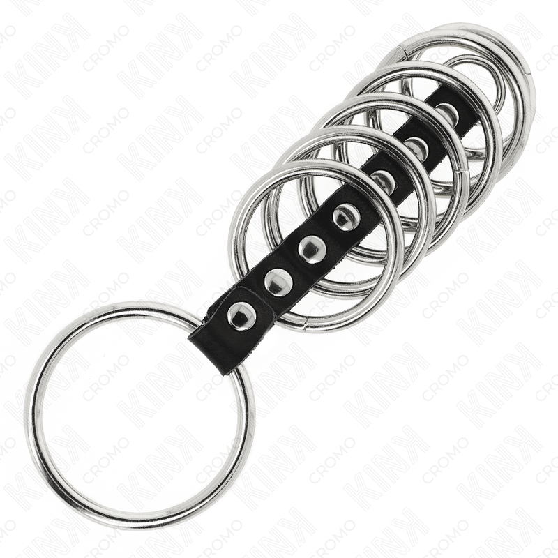 KINK - 7 ANELLI PER PENE IN METALLO DA 3,2 CM A 5 CM COLLEGATI TRAMITE PELLE