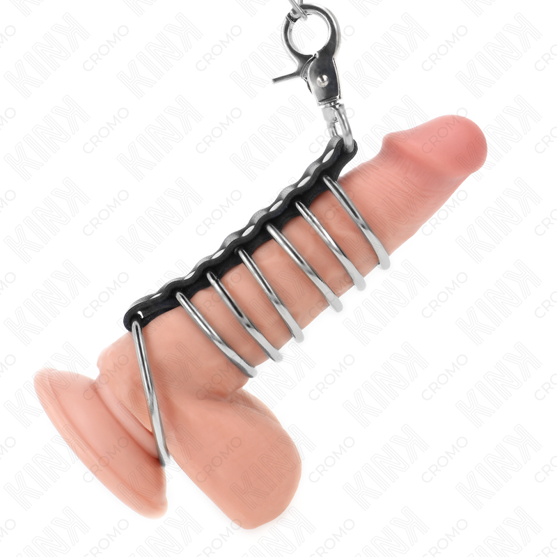 KINK - 7 ANELLI PER PENE IN METALLO DA 3,8 CM A 5 CM COLLEGATI CON CUOIO E CATENA IN METALLO 100 CM