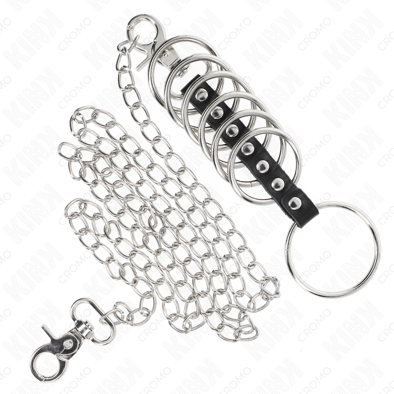 KINK - 7 ANELLI PER PENE IN METALLO DA 3,8 CM A 5 CM COLLEGATI CON CUOIO E CATENA IN METALLO 100 CM