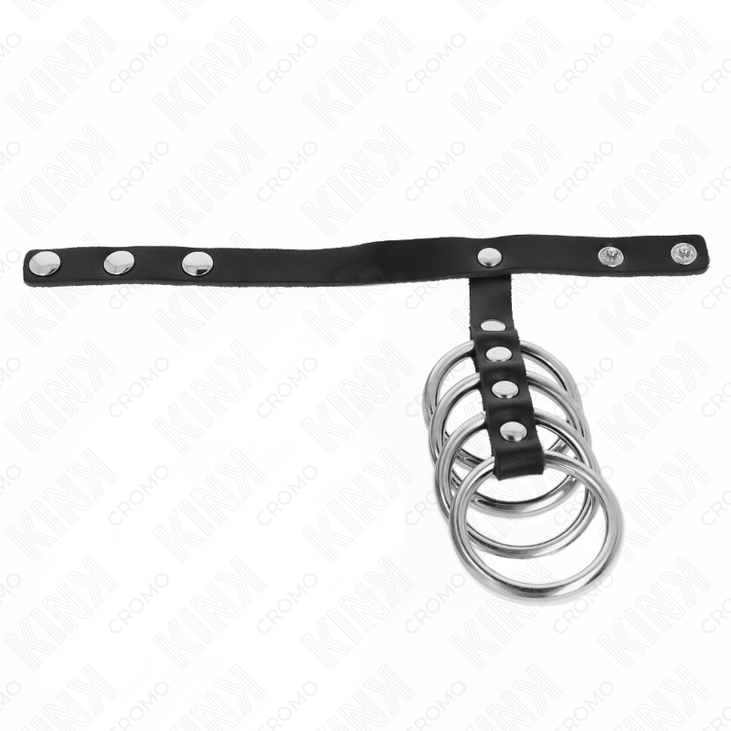 KINK - 4 ANELLI PER PENE IN METALLO 3,8 CM COLLEGATI CON CINTURINO IN PELLE 22 X 1,5 CM E CHIUSURA A PRESSIONE