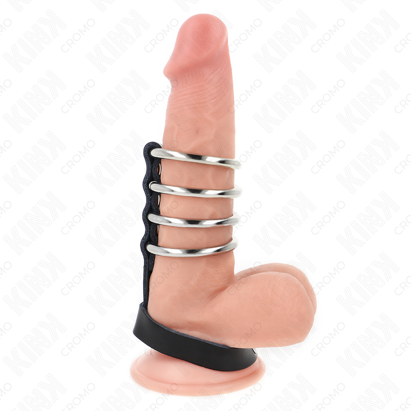 KINK - 4 ANELLI PER PENE IN METALLO 3,8 CM COLLEGATI CON CINTURINO IN PELLE 22 X 1,5 CM E CHIUSURA A PRESSIONE