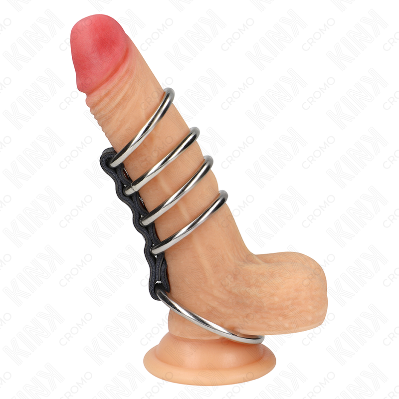 KINK - 5 ANELLI PER PENE DA 3,7 CM A 5 CM IN METALLO COLLEGATI TRAMITE PELLE