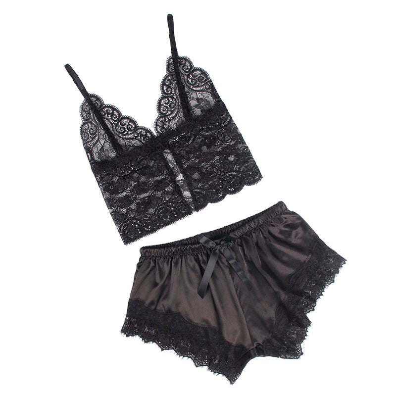SUBBLIME - 953942 CAMICIA DA NOTTE CASUAL IN SETA + PANTALONI IN PIZZO NERO L/XL