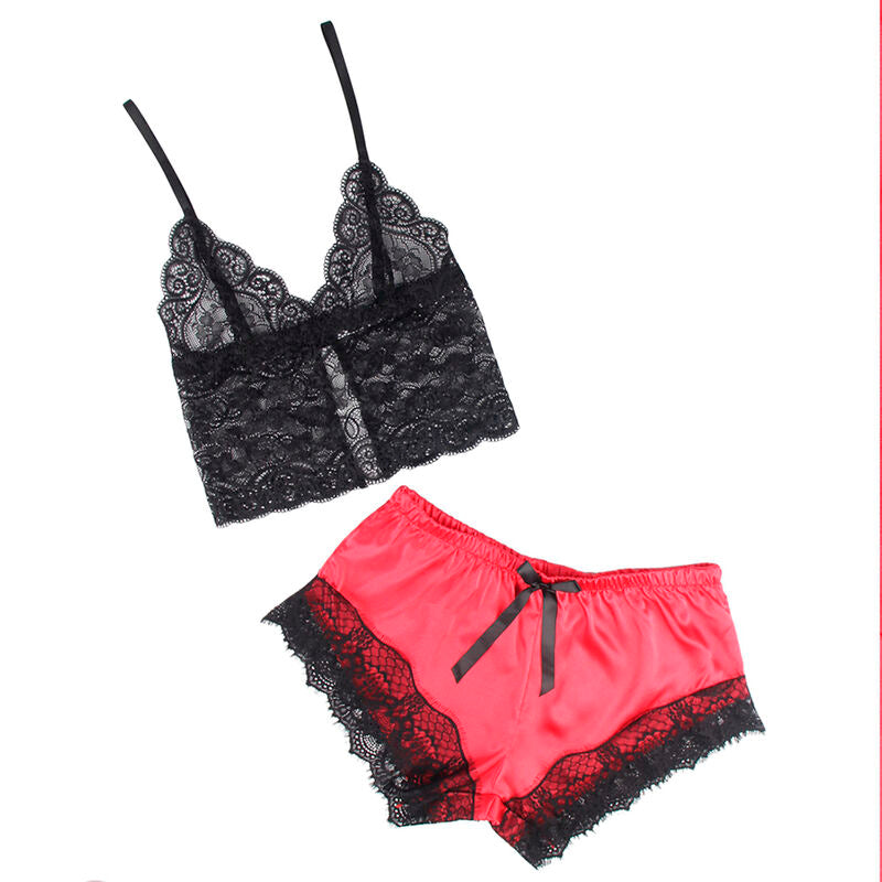 SUBBLIME - 953966 CAMICIA DA NOTTE CASUAL IN SETA + PANTALONI IN PIZZO NERO/ROSSO L/XL