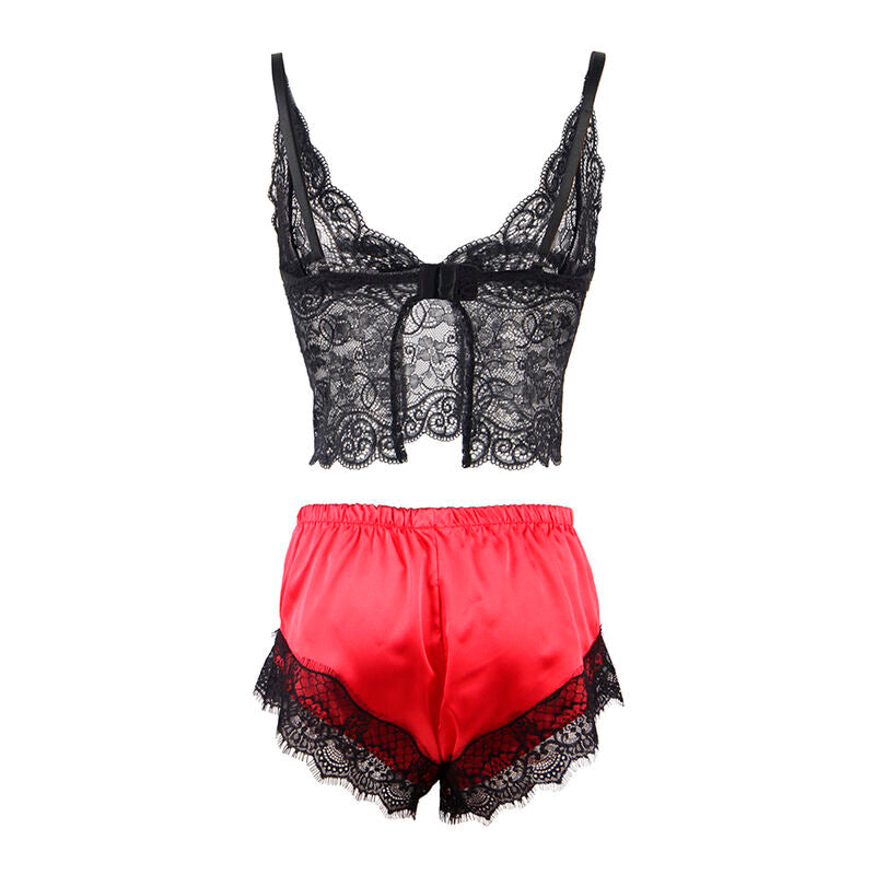 SUBBLIME - 953966 CAMICIA DA NOTTE CASUAL IN SETA + PANTALONI IN PIZZO NERO/ROSSO L/XL