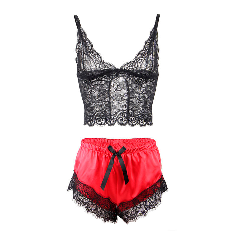 SUBBLIME - 953966 CAMICIA DA NOTTE CASUAL IN SETA + PANTALONI IN PIZZO NERO/ROSSO L/XL