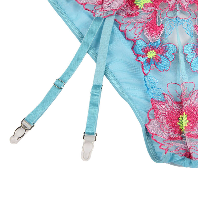 SUBBLIME - 954109 REGGISENO + SLIP CON GIARRETTIERA DISEGNO FLOREALE BLU S/M