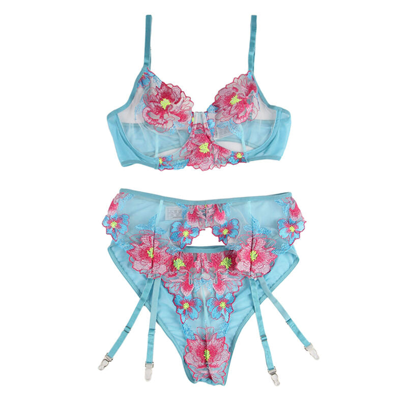 SUBBLIME - 954109 REGGISENO + SLIP CON GIARRETTIERA DISEGNO FLOREALE BLU S/M