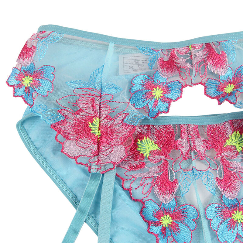 SUBBLIME - 954116 REGGISENO + SLIP CON GIARRETTIERA DISEGNO FLOREALE BLU L/XL