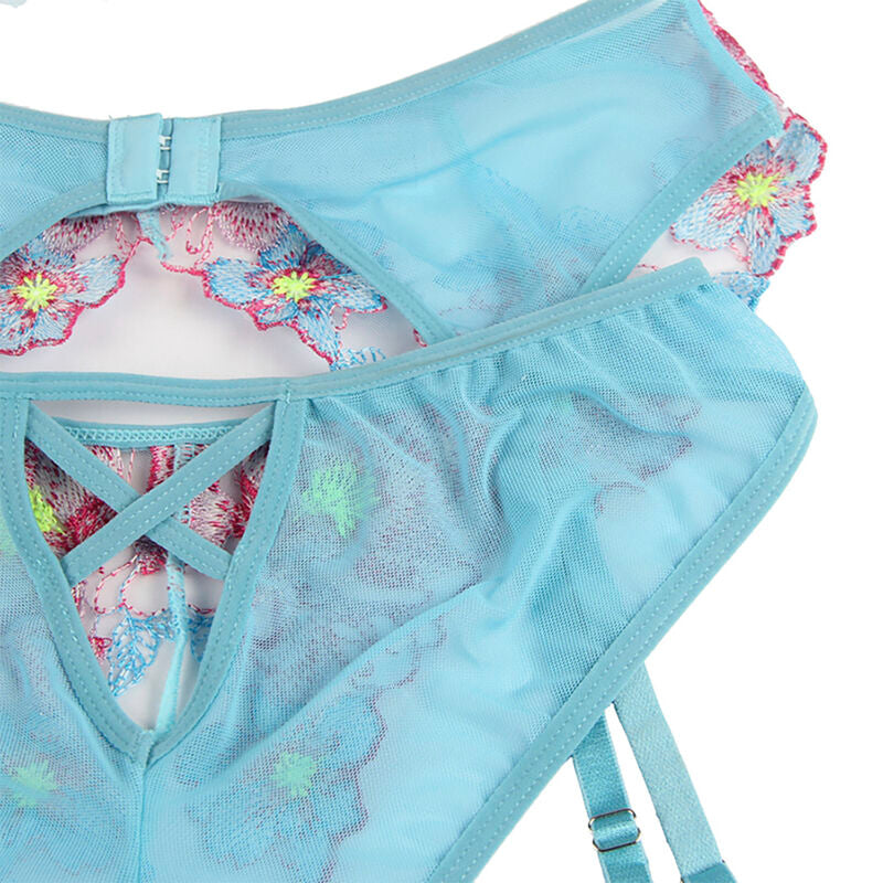 SUBBLIME - 954116 REGGISENO + SLIP CON GIARRETTIERA DISEGNO FLOREALE BLU L/XL