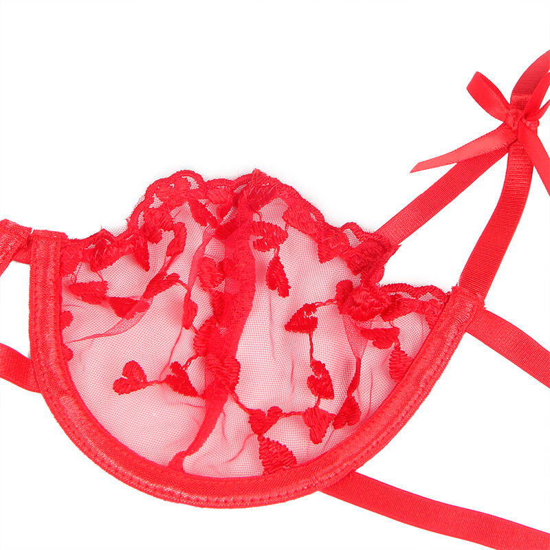 SUBBLIME - 954321 REGGISENO + PERIZOMA + GIARRETTIERA STAMPA CUORE ROSSO S/M