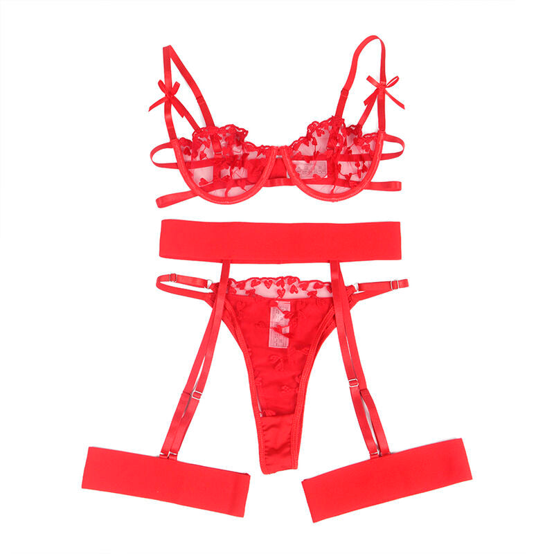 SUBBLIME - 954321 REGGISENO + PERIZOMA + GIARRETTIERA STAMPA CUORE ROSSO S/M