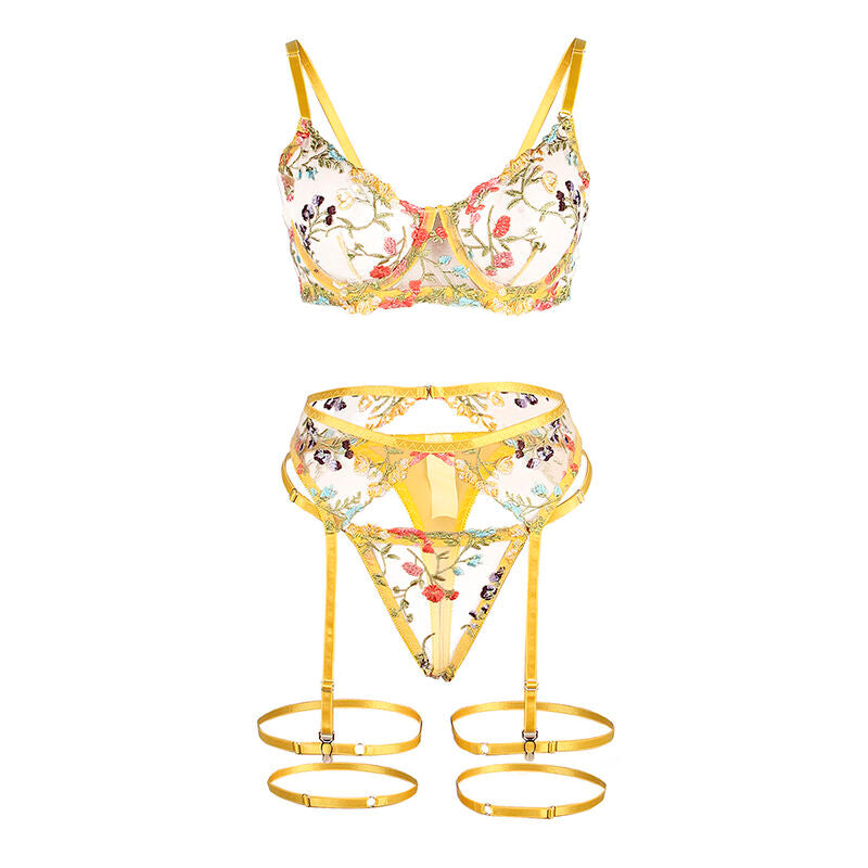 SUBBLIME - 954352 REGGISENO + PERIZOMA + GIARRETTIERA DISEGNO FLOREALE GIALLO L/XL