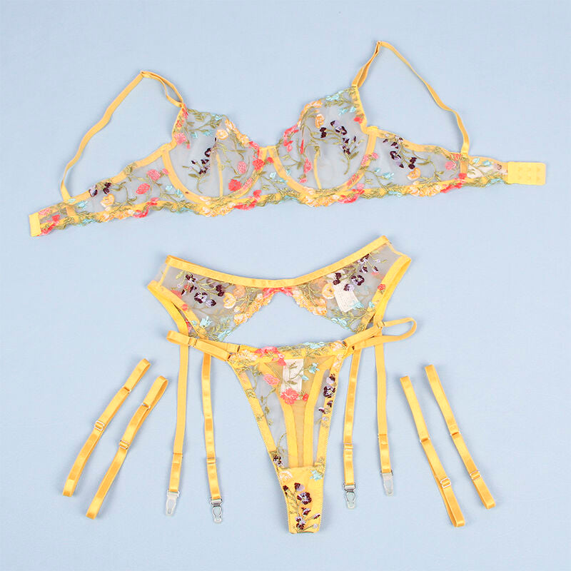 SUBBLIME - 954352 REGGISENO + PERIZOMA + GIARRETTIERA DISEGNO FLOREALE GIALLO L/XL