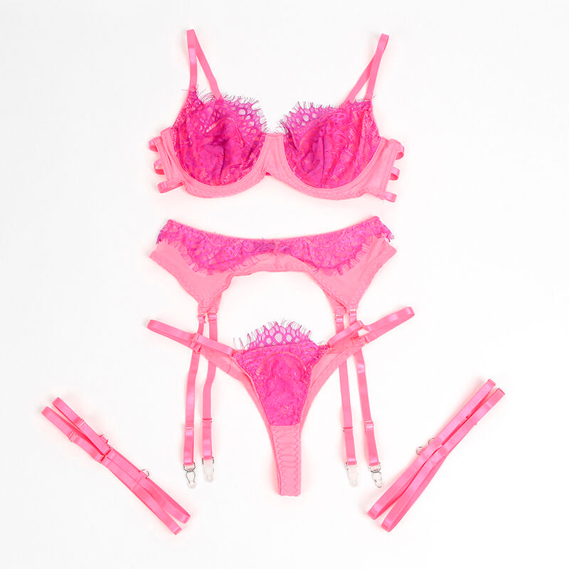 SUBBLIME - 955366 COMPLETO REGGISENO CON PIZZO E GIARRETTIERA ROSA E VIOLA L/XL