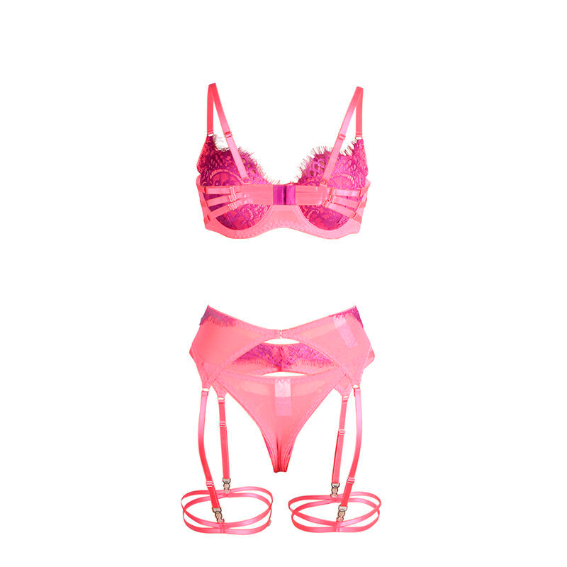 SUBBLIME - 955366 COMPLETO REGGISENO CON PIZZO E GIARRETTIERA ROSA E VIOLA L/XL