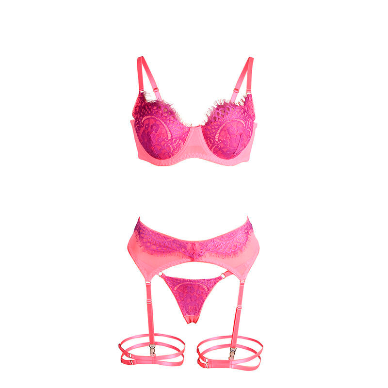 SUBBLIME - 955366 COMPLETO REGGISENO CON PIZZO E GIARRETTIERA ROSA E VIOLA L/XL