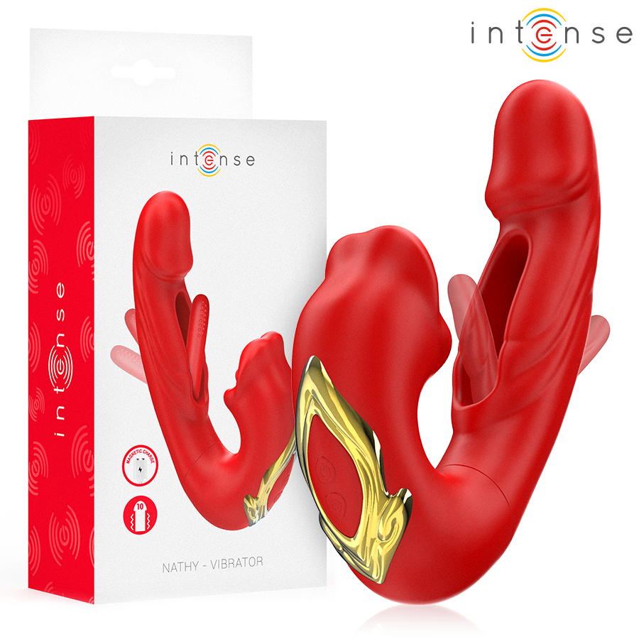 Vibratore a doppia azione Nathy con aspirazione clitoridea - Rosso - INTENSO