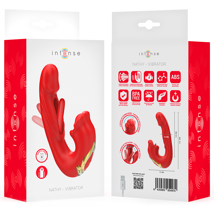 Vibratore a doppia azione Nathy con aspirazione clitoridea - Rosso - INTENSO
