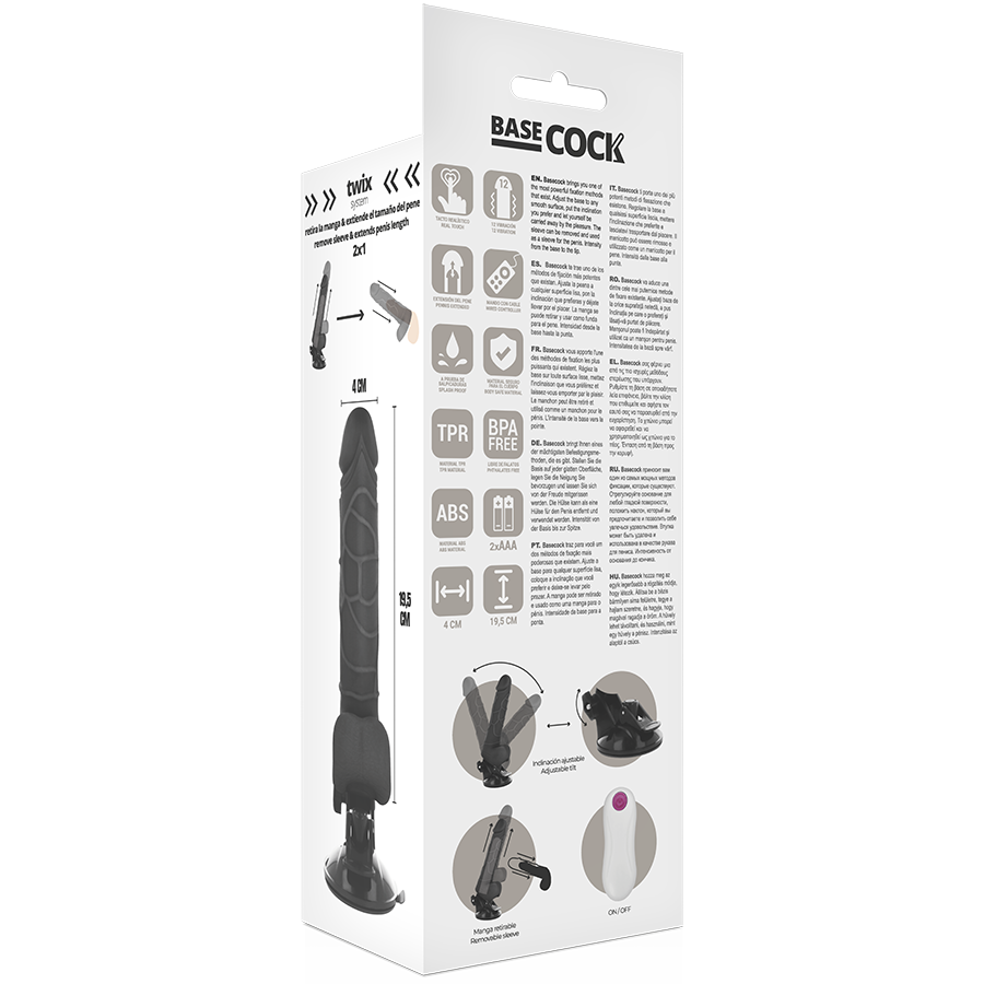 Vibratore realistico con testicoli e telecomando cablato nero | 19,5 cm x 4,0 cm | BASECOCK