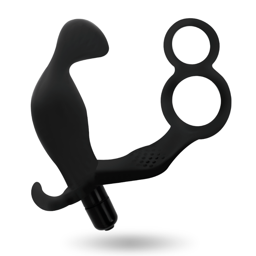 Plug anale con doppio anello per pene e testicoli nero 11,4 × 4 cm – ADDICTED TOYS