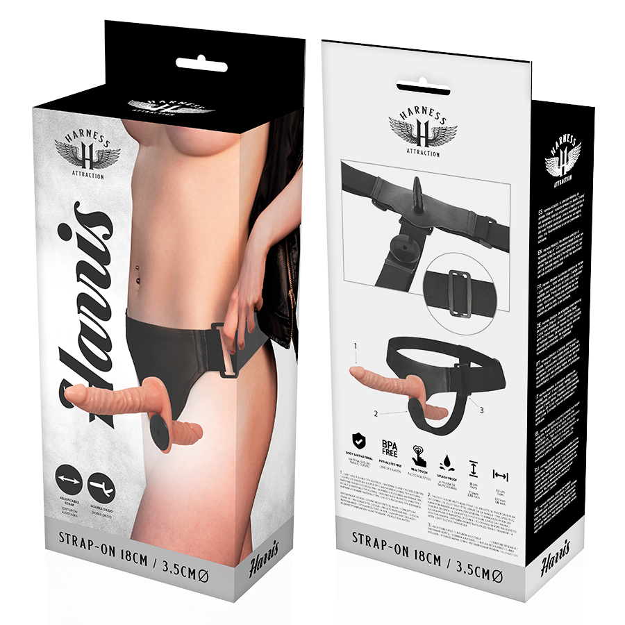 Strap-On a doppia penetrazione con vibrazione | 18,0 cm x 3,5 cm | Harness Attraction Harris