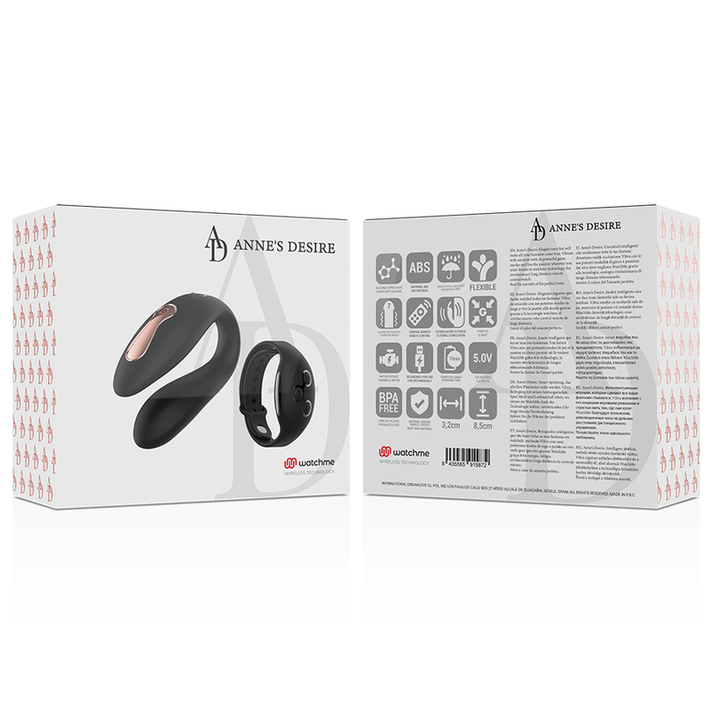 Vibratore per coppie Anne's Desire Dual Pleasure con telecomando WatchMe | 8,5 cm x 3,2 cm | Nero