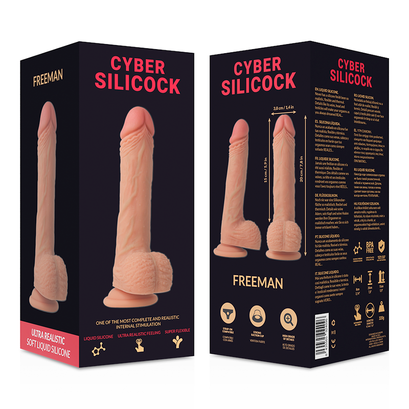 Strap-On Freeman – Dildo in silicone liquido con imbracatura (3 anelli) – 20 cm x 3,8 cm – Cyber ​​Silicock